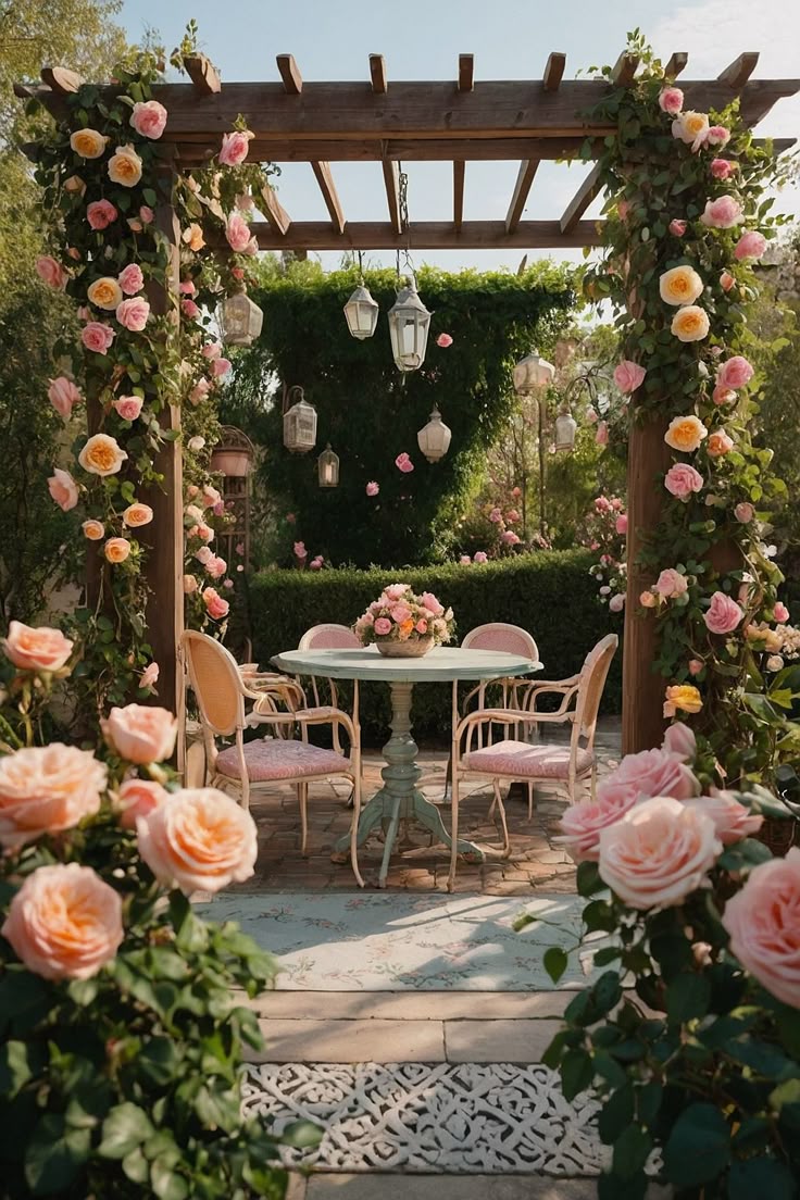 Jardin luxuriant avec roses anciennes et pergola en fer forgé